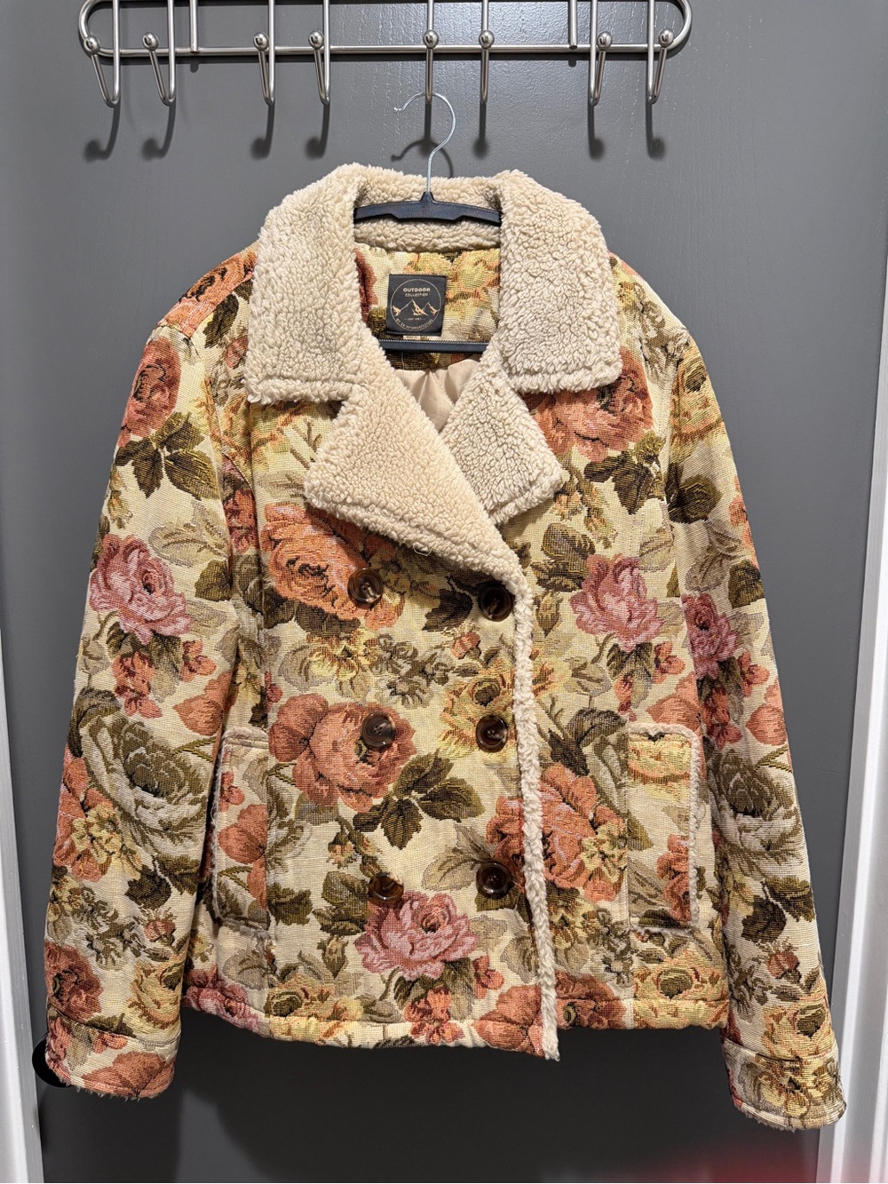 26 International Floral Sherpa-Trim Peacoat in Cream and Pink
